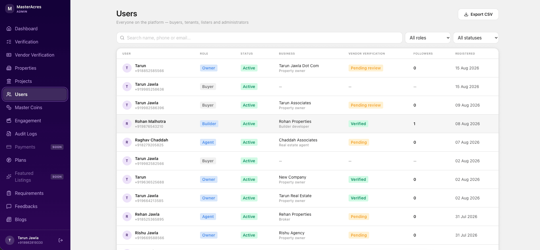 MasterAcres Property Platform Users management