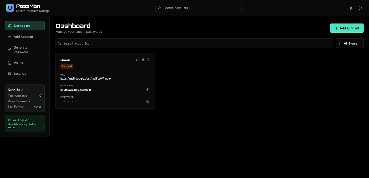 PassMan - Secure Local Password Manager - Web Development Project Screenshot 1 by Tarun Jawla