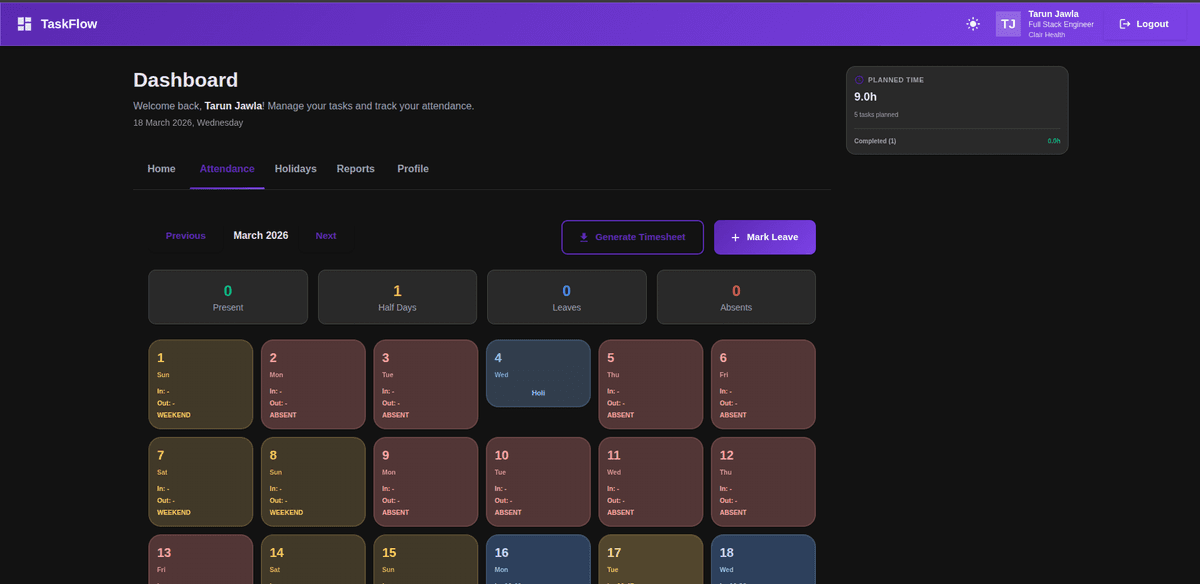TaskFlow - Team task & attendance platform - Project Screenshot 2 by Tarun Jawla