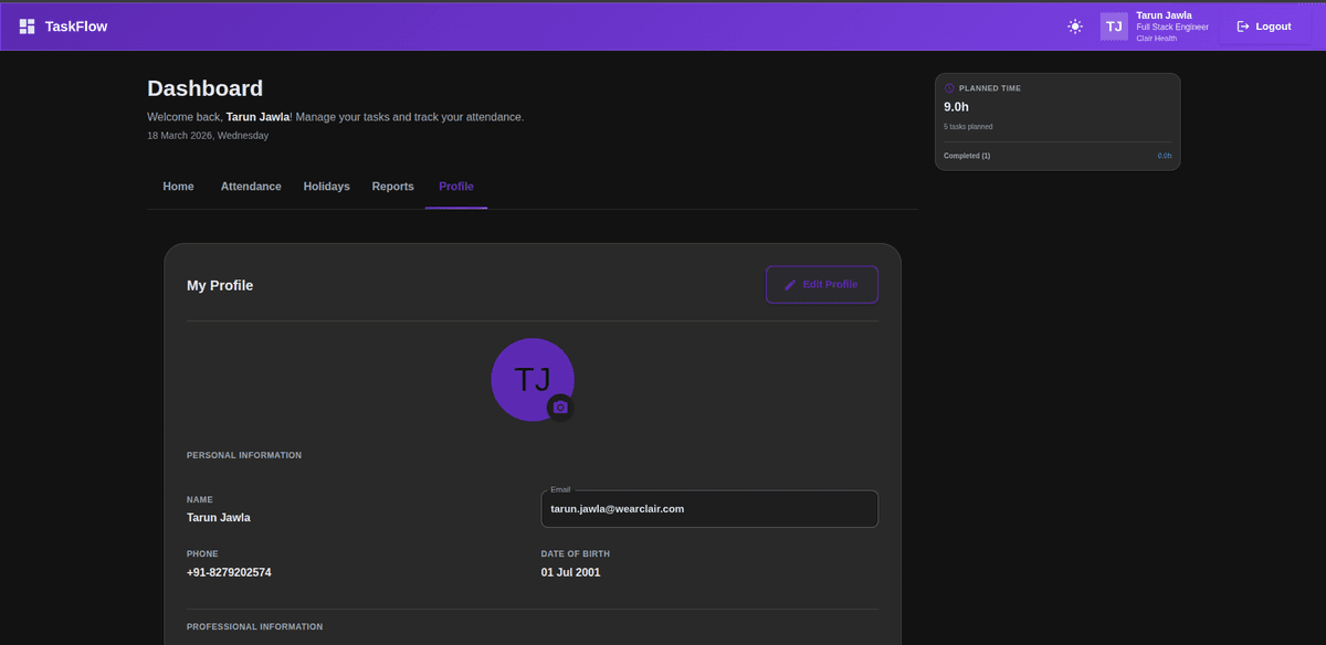 TaskFlow - Team task & attendance platform - Project Screenshot 5 by Tarun Jawla
