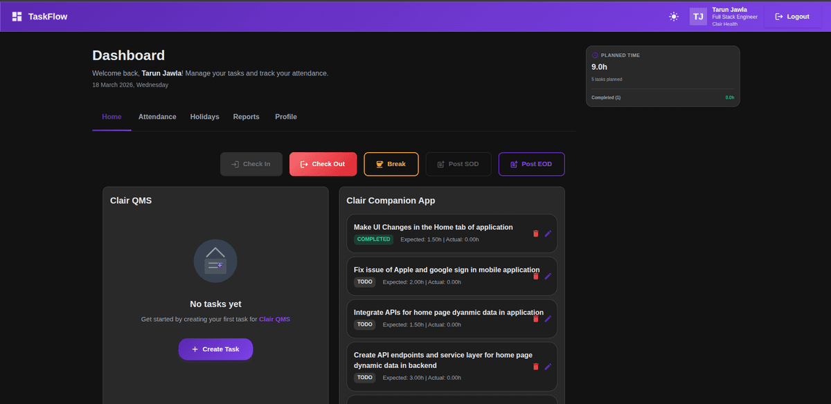 TaskFlow - Team task & attendance platform - Project Screenshot 1 by Tarun Jawla